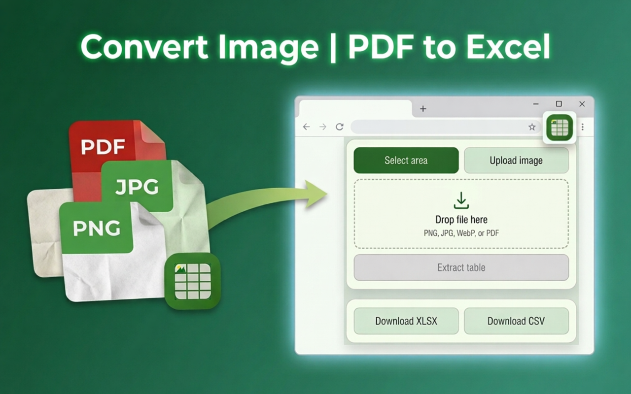 Image to Excel popup showing Select area, Upload image, and export actions