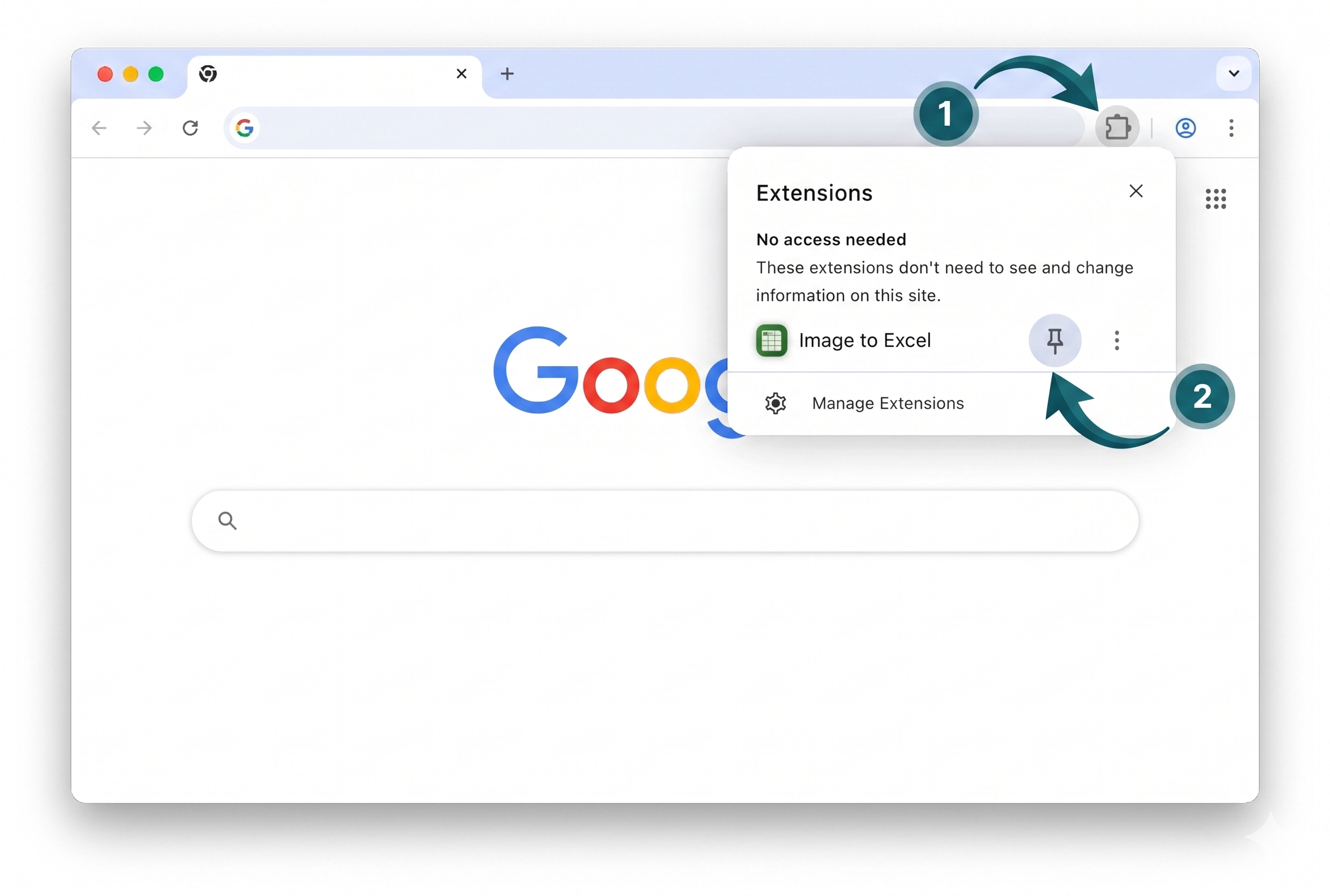 Open Chrome Extensions and pin Image to Excel